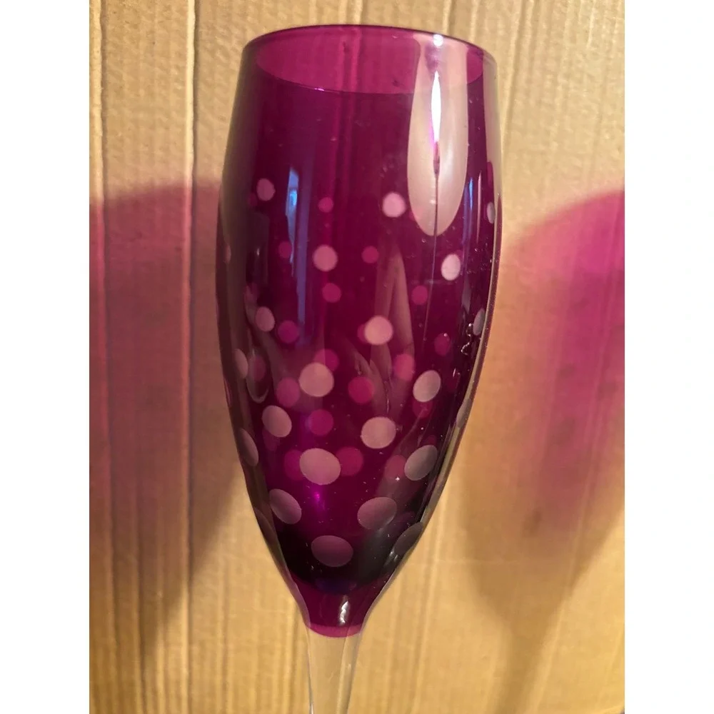 2 Purple CRYSTAL CHAMPAGNE FLUTES POLKA DOTS STRIPES 9.75 INCH 8 OZS
